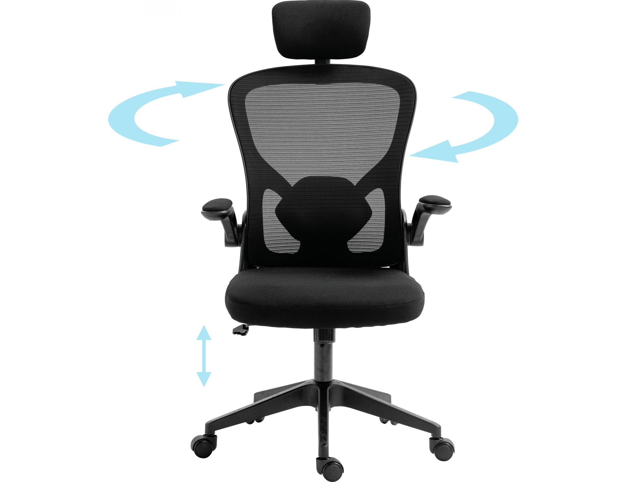 Sort ergonomisk kontorstol med nakkestøtte, armlæn og fem-hjulet sokkel, vist med pile, der angiver justerbar vipning og højde.