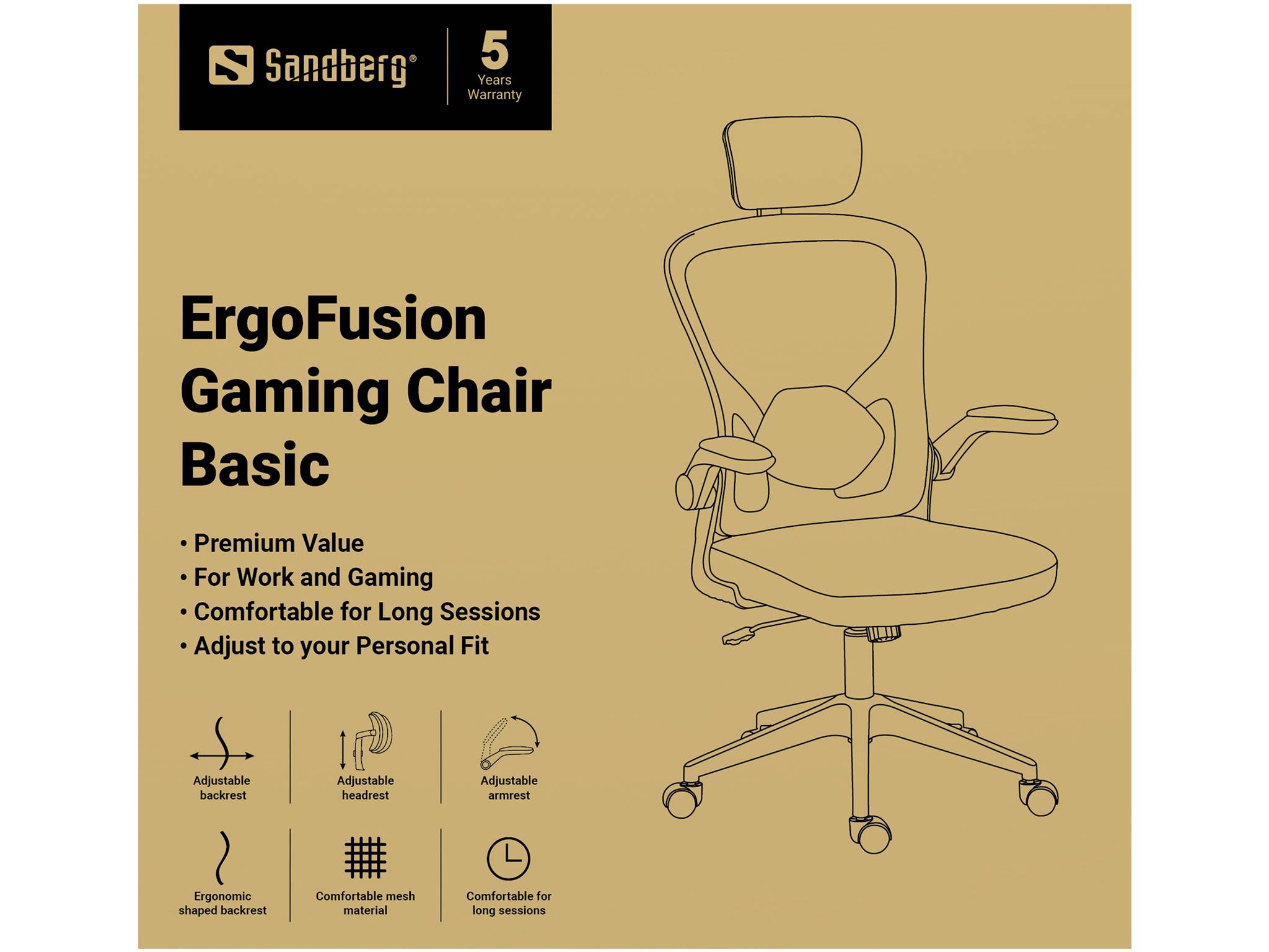 Sandberg ErgoFusion Gaming Chair Basic med 5-års garanti, viser en illustration af en sort kontorsstol og features: præmium værdi, til arbejde og gaming, komfortabel til lange sessioner, justerbar pasform.
