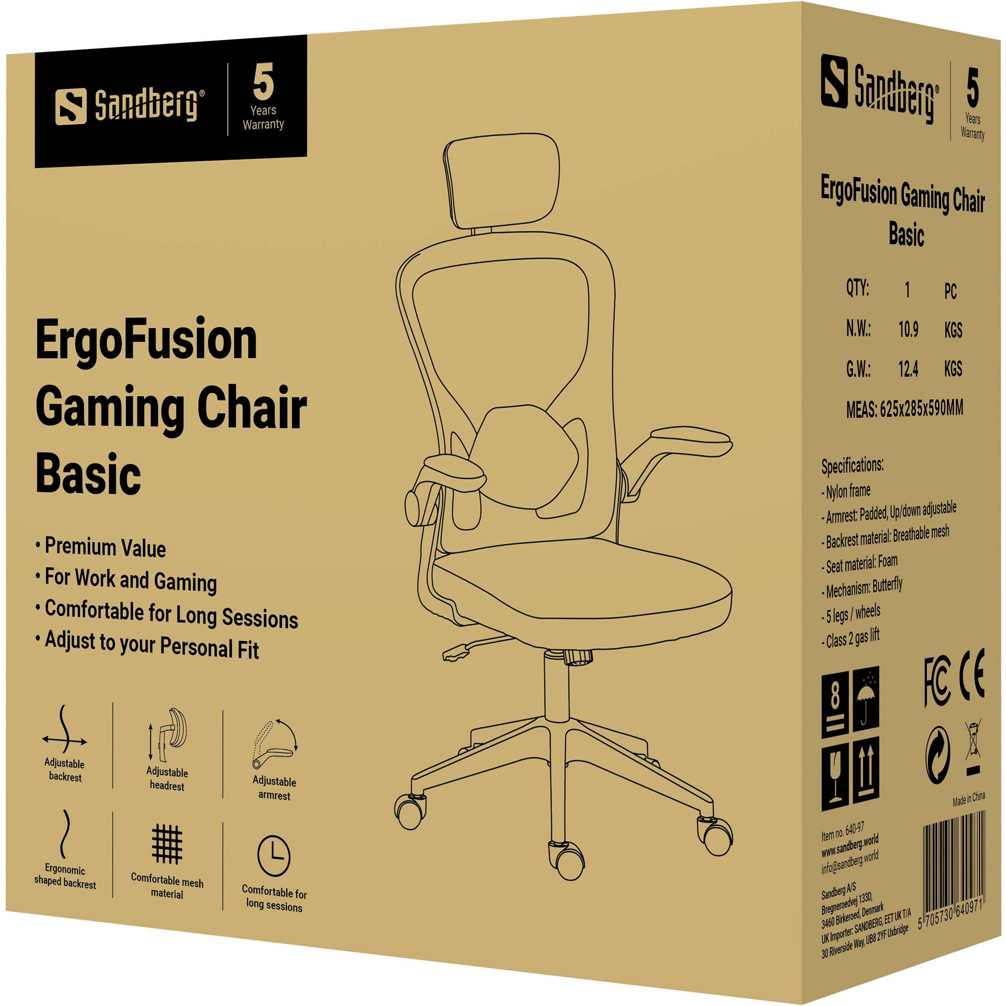 Æskeemballage til Sandberg ErgoFusion Gaming Chair Basic, der viser en linjegrafik af stolen og funktioner som premiumværdi, justerbare dele og komfort til arbejde og gaming.
