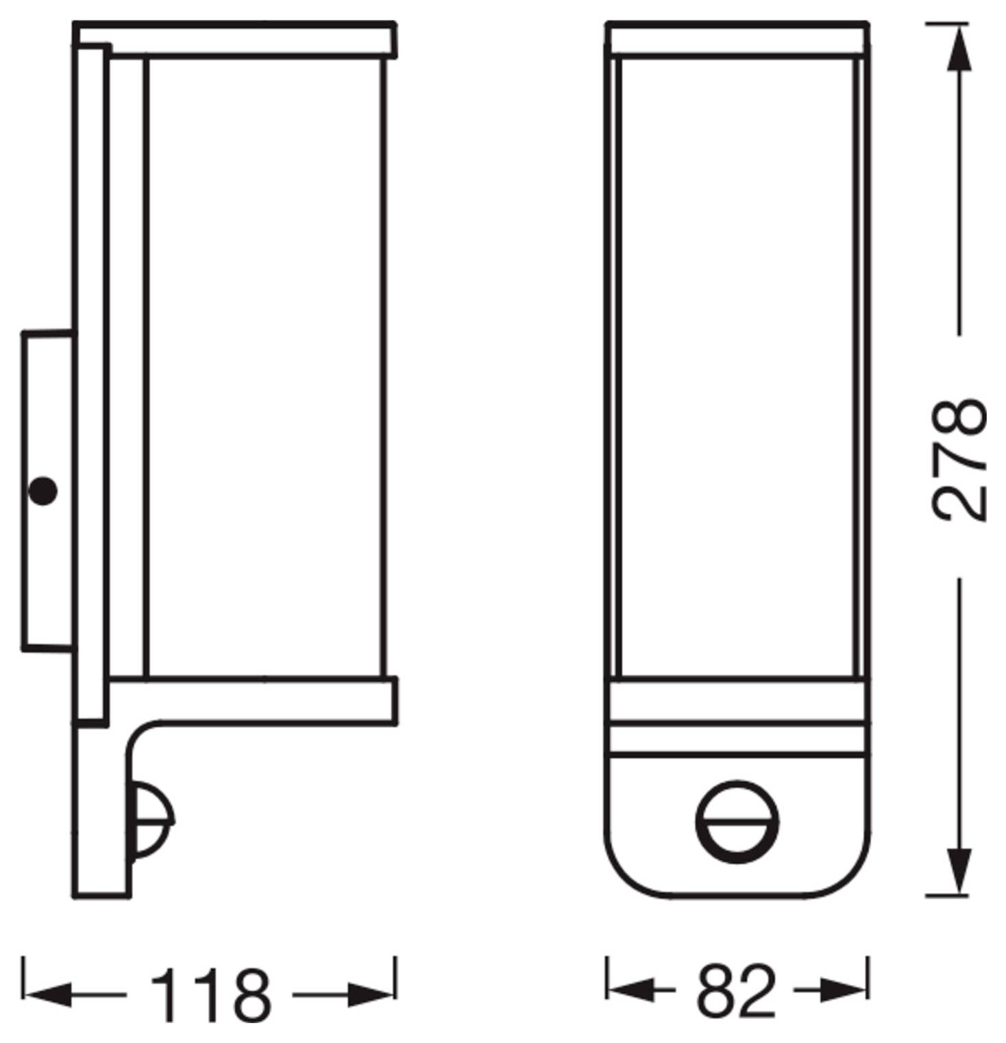 Teknisk tegning af et væg-monteret rektangulært armatur, vist i for- og sidevisninger, med dimensioner på 278 mm højde, 118 mm dybde og 82 mm bredde.