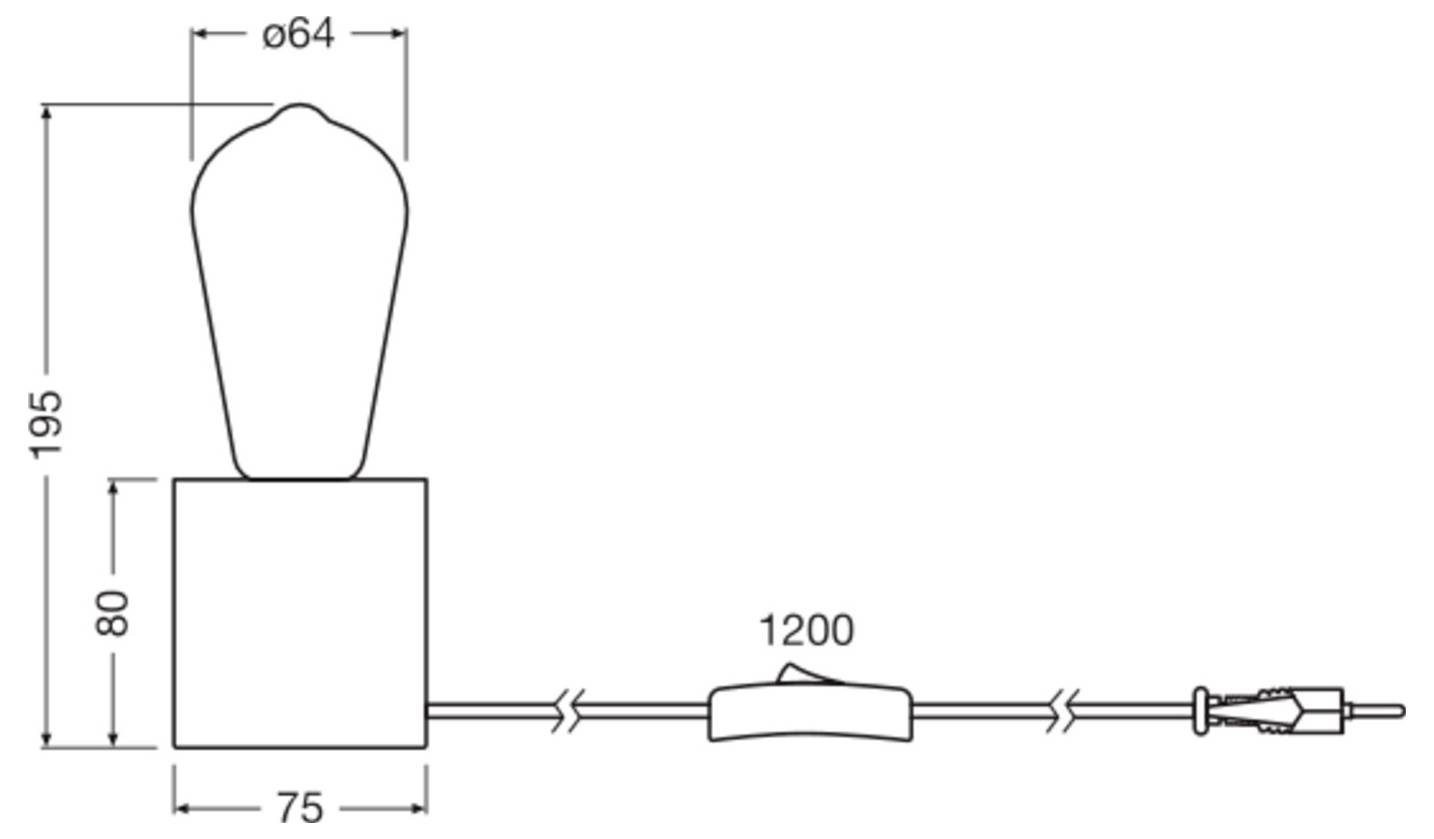 Teknisk linjetegning af en enhed med et stort topbåndtag, baseblok og tilsluttet kabel mærket 1200; dimensioner vist som 195, 80, 75 og ø64.