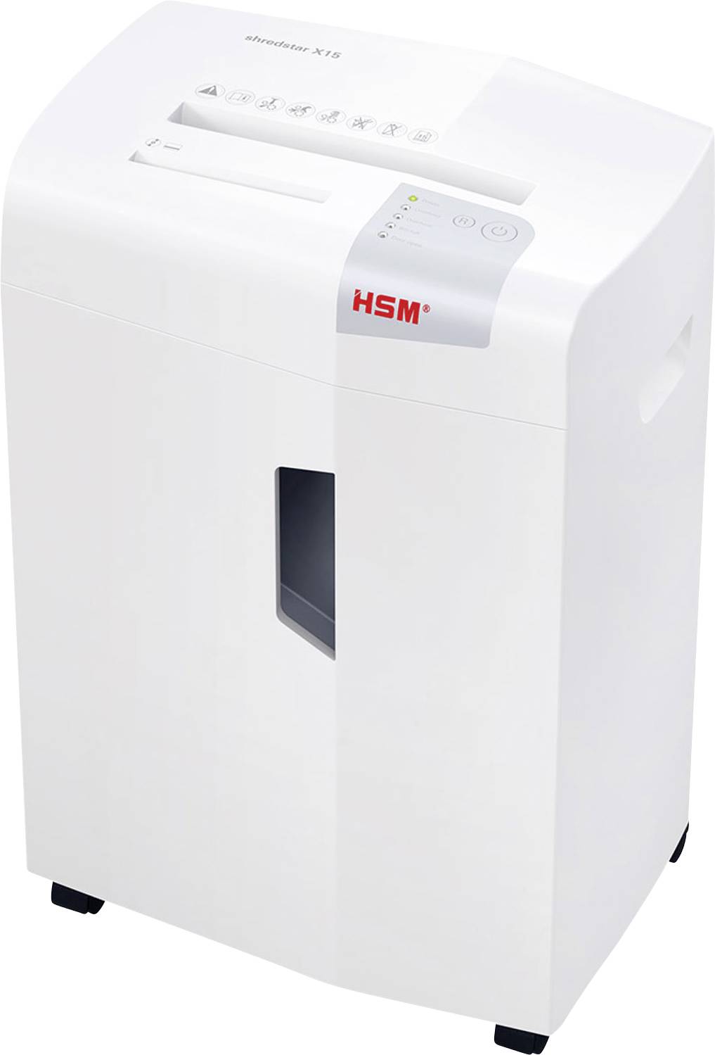 Hvid HSM papirmakulatorsmaskine med kontrolpanel på toppen og visningsvindue på forsiden, vist mod en ensfarvet baggrund.