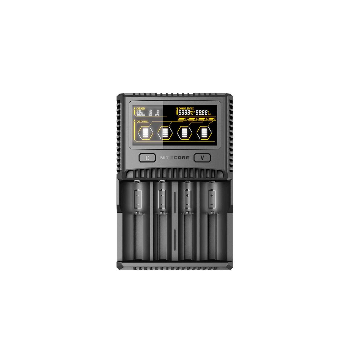 Sort fireladesbatterioplader med digitalt display og to knapper på en hvid baggrund.