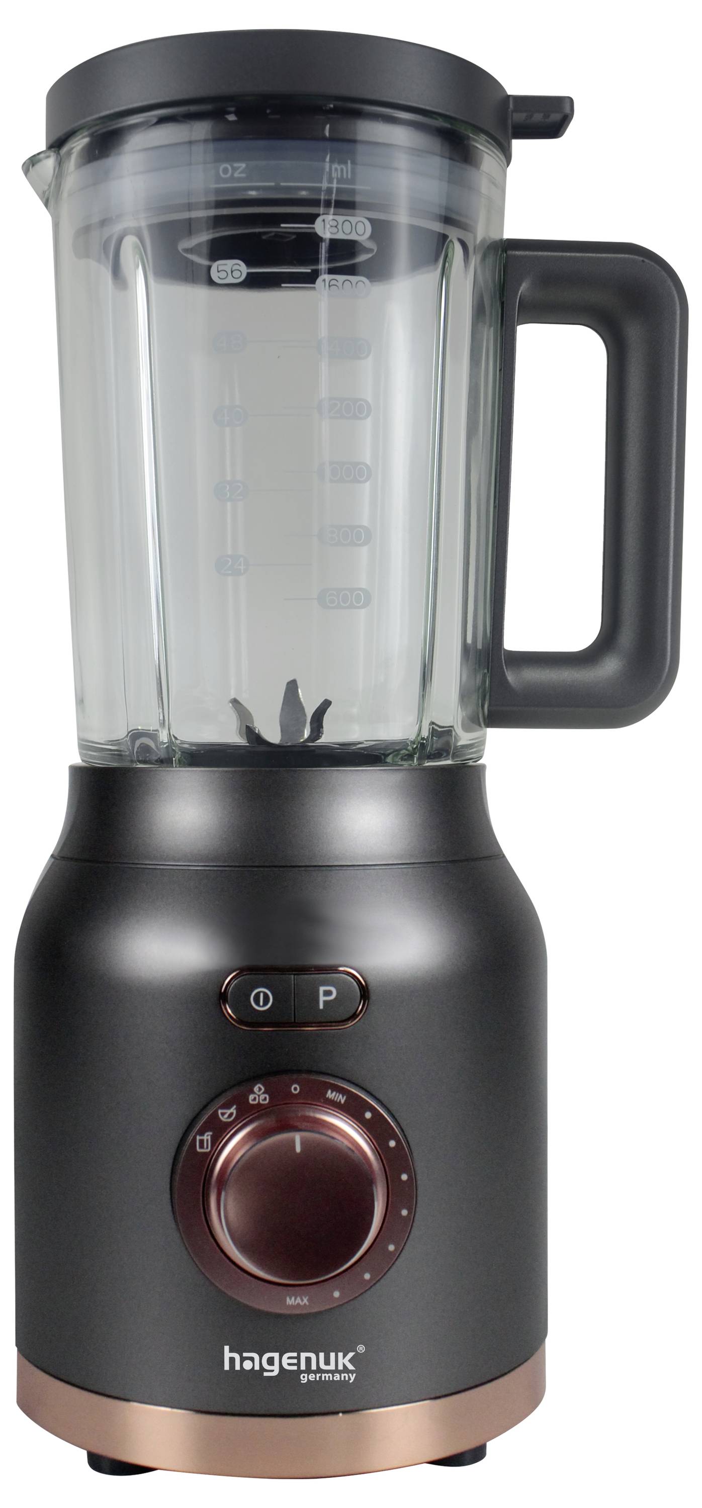 Sort bordpladeblender med klar kande, håndtag, kontrolskive og basis mærket "hagenuk germany" på hvid baggrund.