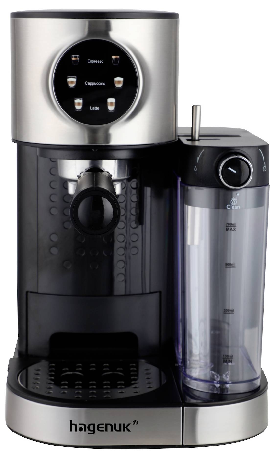 Hagenuk espressomaskine med ettouch-knapper til espresso og cappuccino, fremre drypbakke og sidevandbeholder.