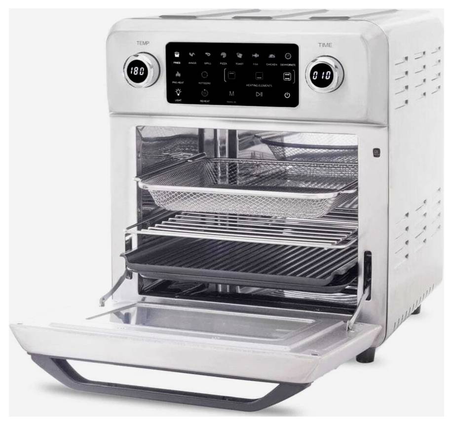 Rustfrit stål-luftfryser-ovn med digitale kontrolpaneler, temperatur- og tidsindstillinger, åben dør og udtagelige kogeplader og kurve.