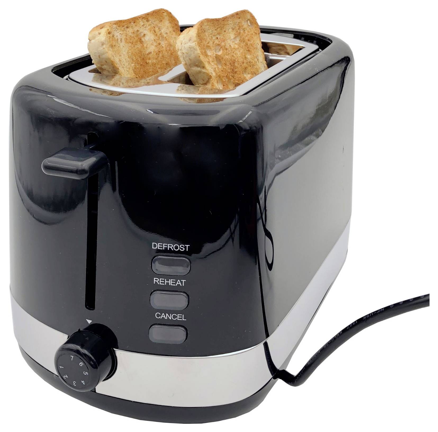 Sort toaster til to skiver med to skiver ristet brød, kontrolknapper mærket DEFROST, REHEAT, CANCEL, og en knap på forsiden.