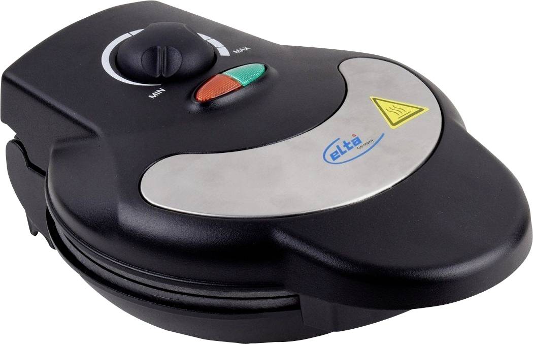 Sort elektrisk apparat med en kontroldrejeskive, røde og grønne indikatorblink, og et gult advarselsmærkat på et sølvfarvet toppanel.