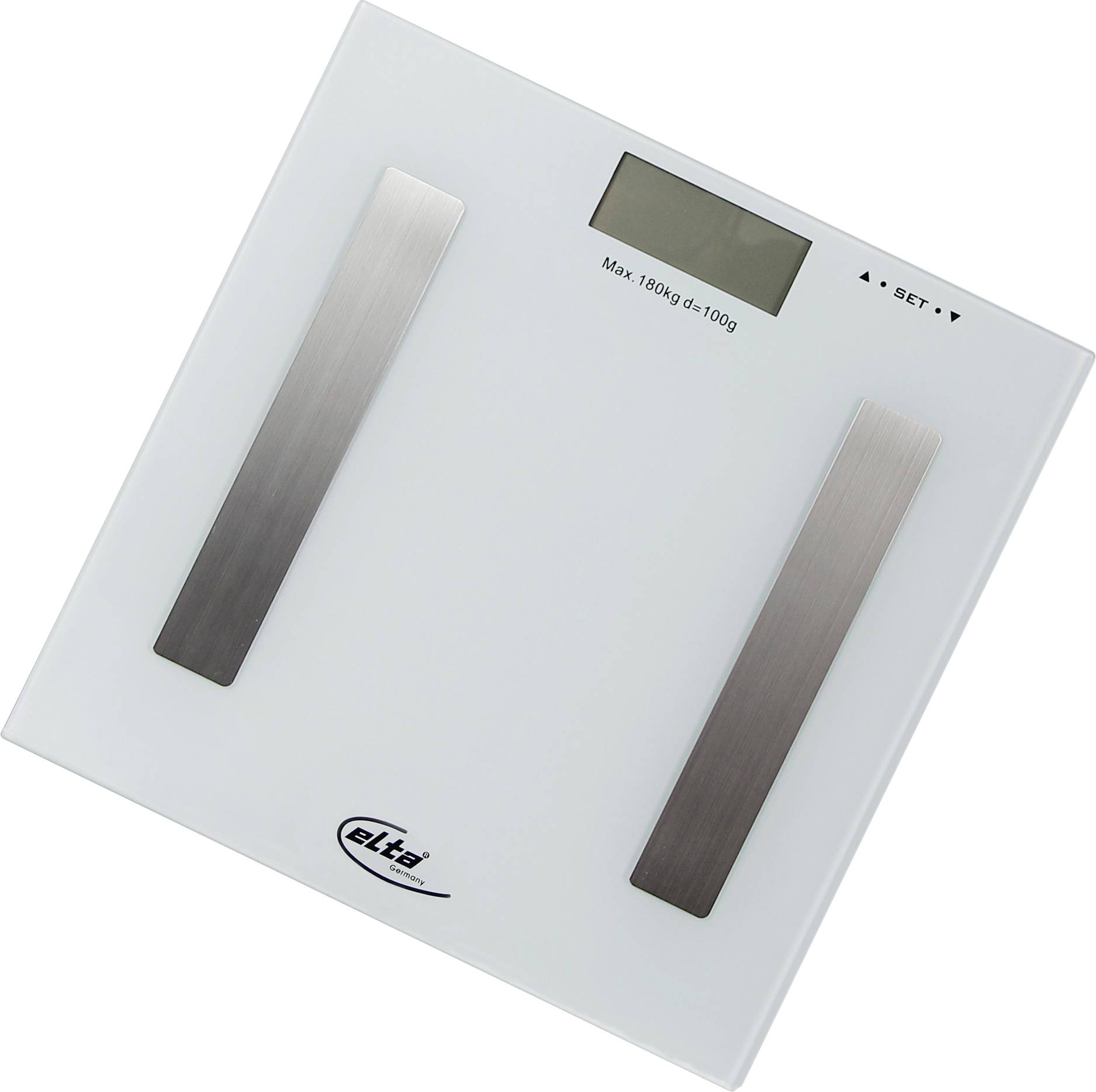 Digitalt badeværelseskvaliteter med glasplatform, display og "MAX. 180kg d=100g" trykt ved siden af skærmen.