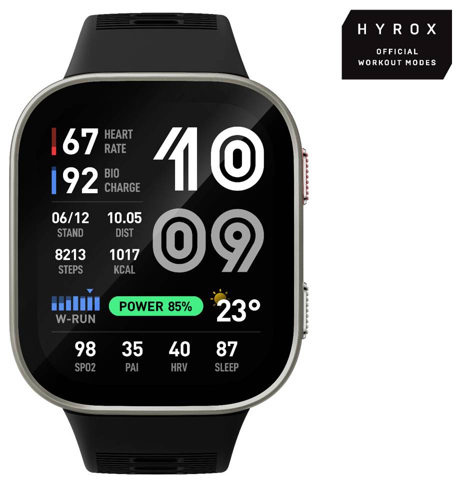 Et smartwatch-display, der viser HYROX-træningsindstilling med fitnessstatistikker: pulsfrekkvens 67, bioopladning 92, stå 06/12, distance 10,05, skridt 8213, kalorier 1017, effekt 85%, temperatur 23°, SpO2 98, PAI 35, HRV 40, søvn 87.