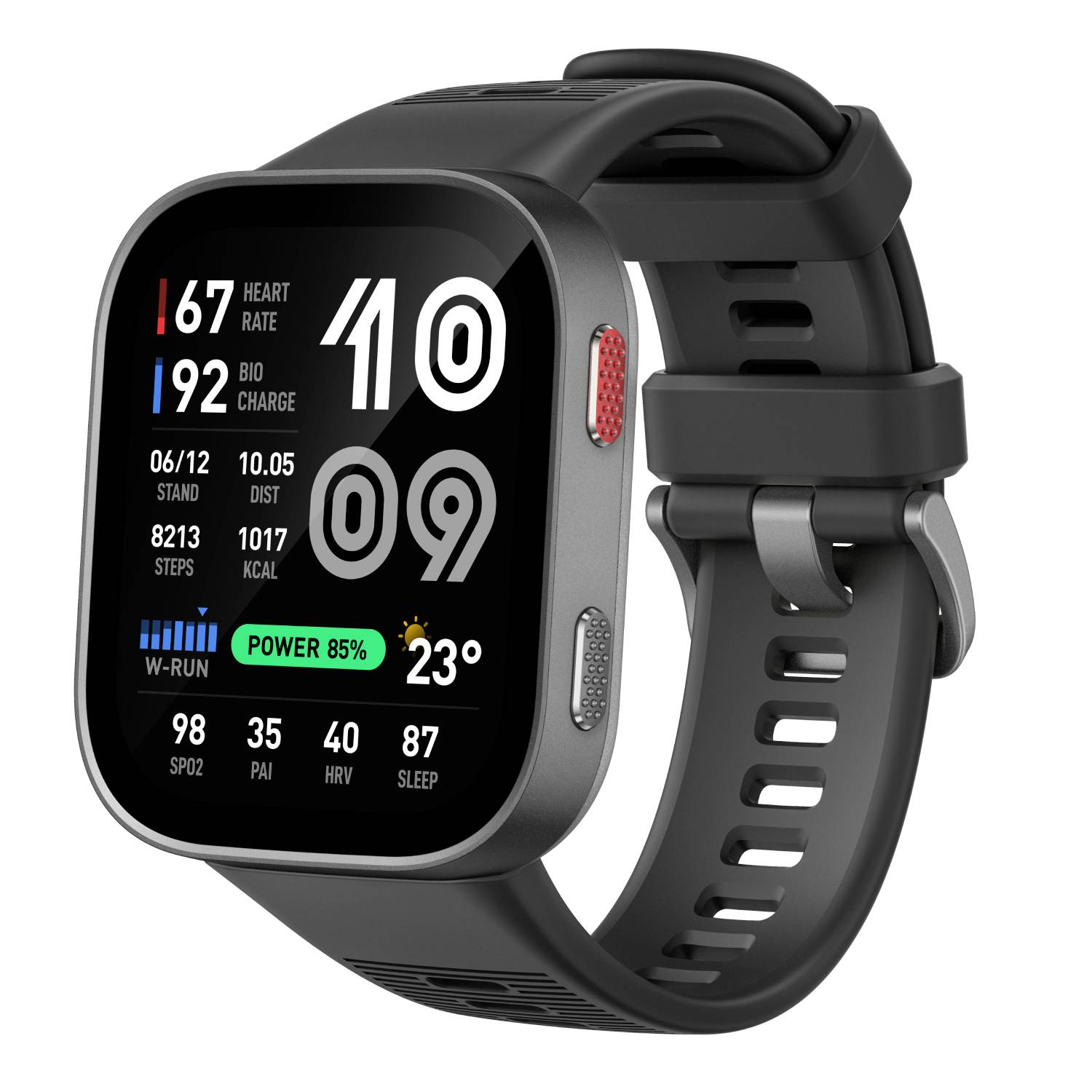 Sort smartwatch med kvadratisk display, der viser tiden 10:09, puls, skridt, batteri 85%, vejr 23°, og fitnessstatistikker på et sort bånd