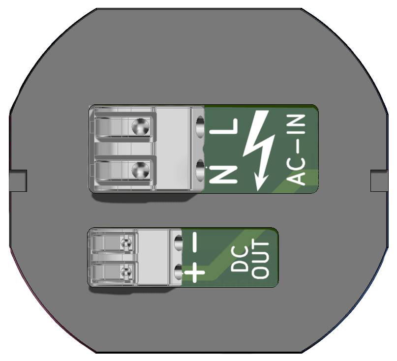Illustration af to elektriske stik: øverst grønt AC-IN med N og L terminaler og lynnedslag, nederst grønt DC-OUT med + og - terminaler.