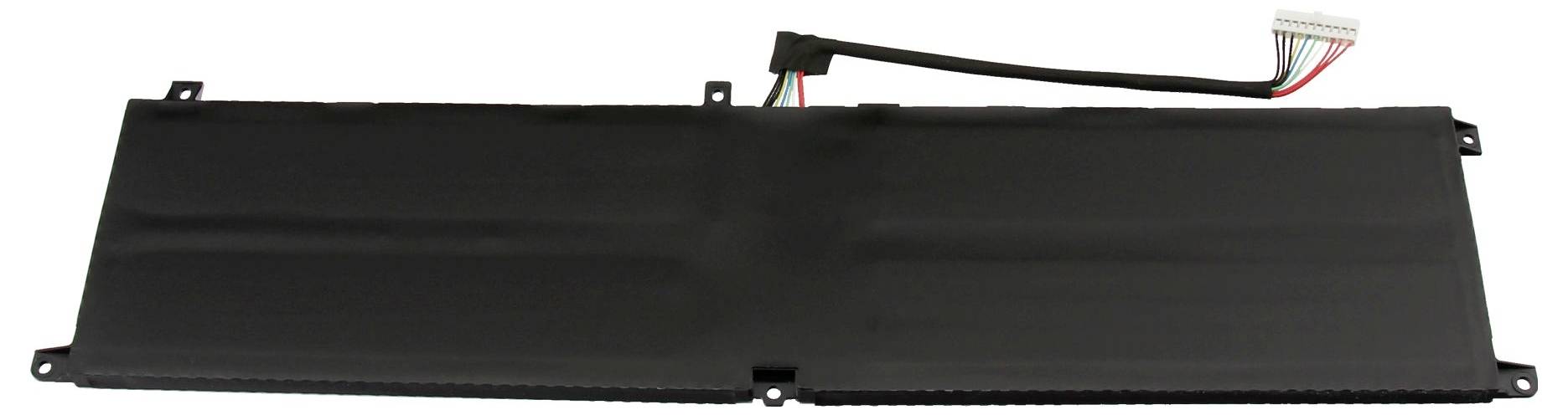 Sort rektangulær elektronisk panel eller batteripakke med monteringstabs og en ledningsforbindelse på hvid baggrund.