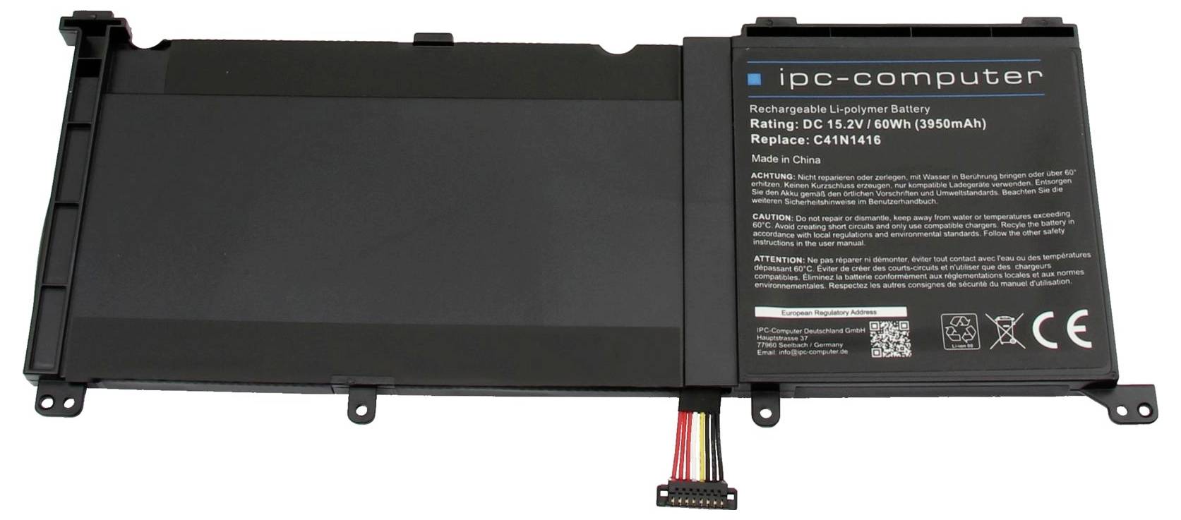 Erstatningsbatteripakke til bærbar computer mærket 'ipc-computer' med tilsluttet kabel og monteringstakker, vist isoleret på hvid baggrund.