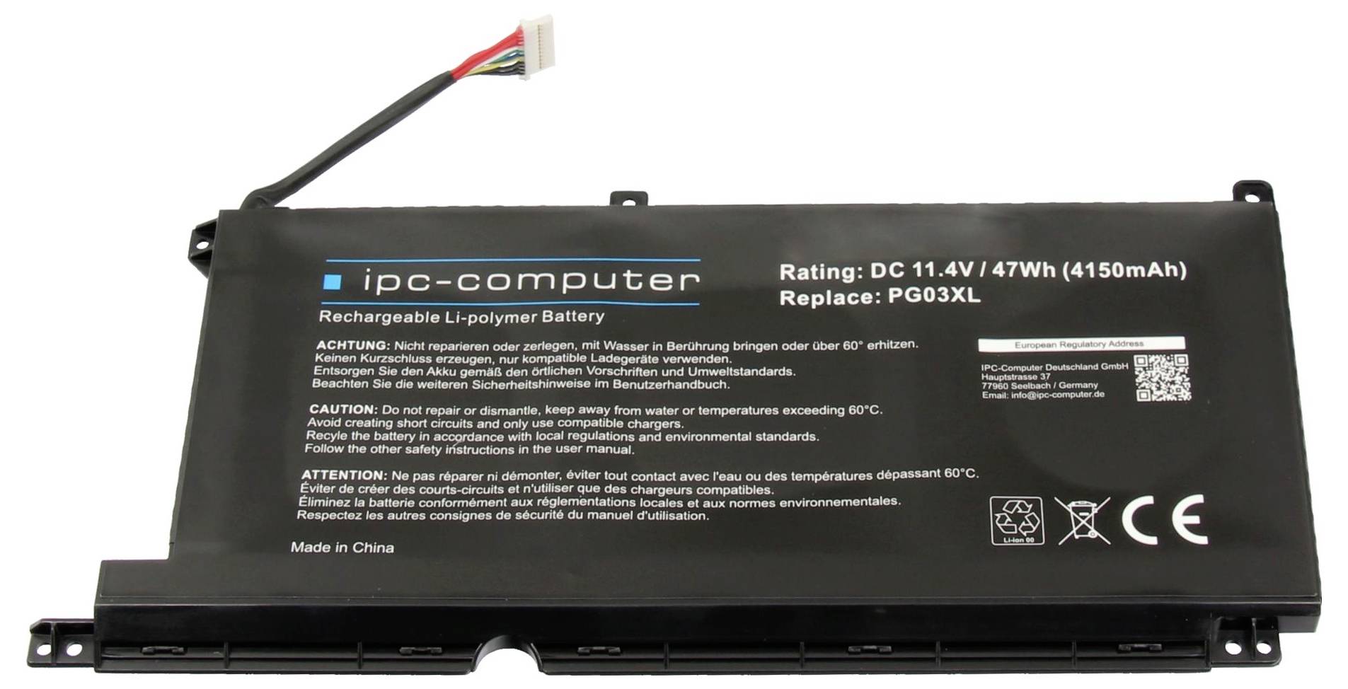 Sort genopladeligt lithium-polymer-batteripack med forbindelsesledning og etiket, der viser nominel værdi "DC 11,4V / 47Wh (4150mAh)" og erstatning "PG03XL".