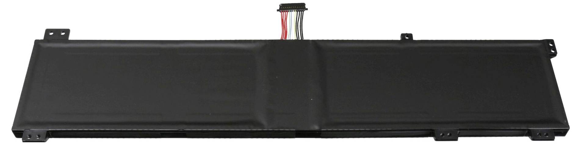 Sort rektangulært batteripaket med tilsluttet kabelknippe, vist i sidevisning på hvid baggrund.