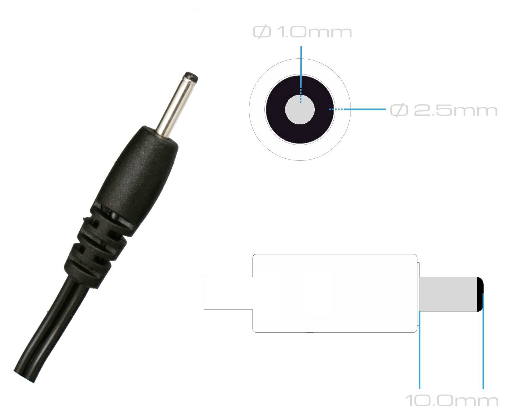 DC tøndeforbinder med målinger, der viser 2,5 mm ydre diameter, 1,0 mm indre diameter og 10,0 mm stik længde.