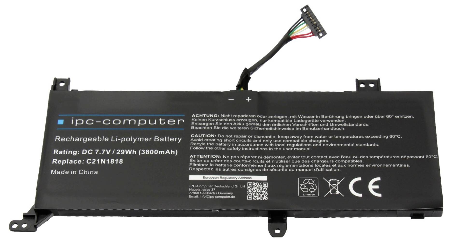 Genopladelig Li-polymer batteripack mærket ipc-computer, vurderet DC 7,7V 3880mAh, med tilsluttet stikkontaktkabel.
