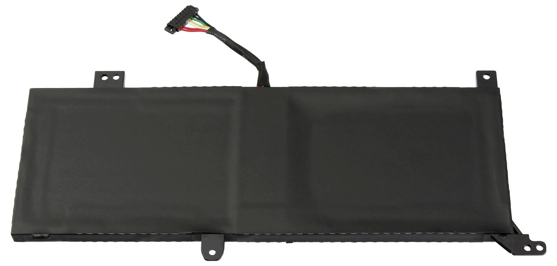 Sort bærbar batteripakke med tilsluttet stikerkabel, vist på hvid baggrund.
