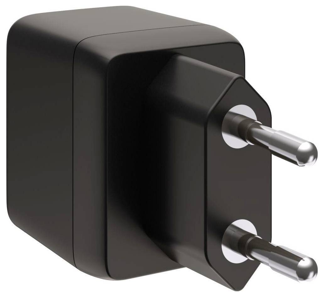 Sort elektrisk stikadapter med to runde metalstifter på hvid baggrund.