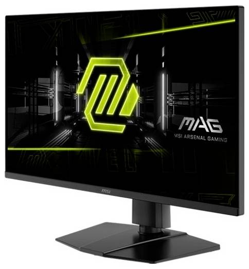Sort MSI MAG-gamingskærm på stativ, der viser et neongrønt MSI-logo og 'MAG MSI Arsenal Gaming'-mærkning på skærmen.