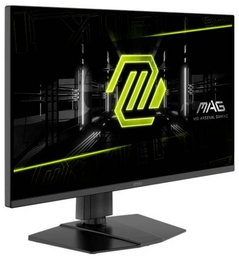 MSI MAG-gamineskærm vist i en vinkel, der viser et neon-grønt logo på en mørk futuristisk skærm og står på en sort sokkelbase.
