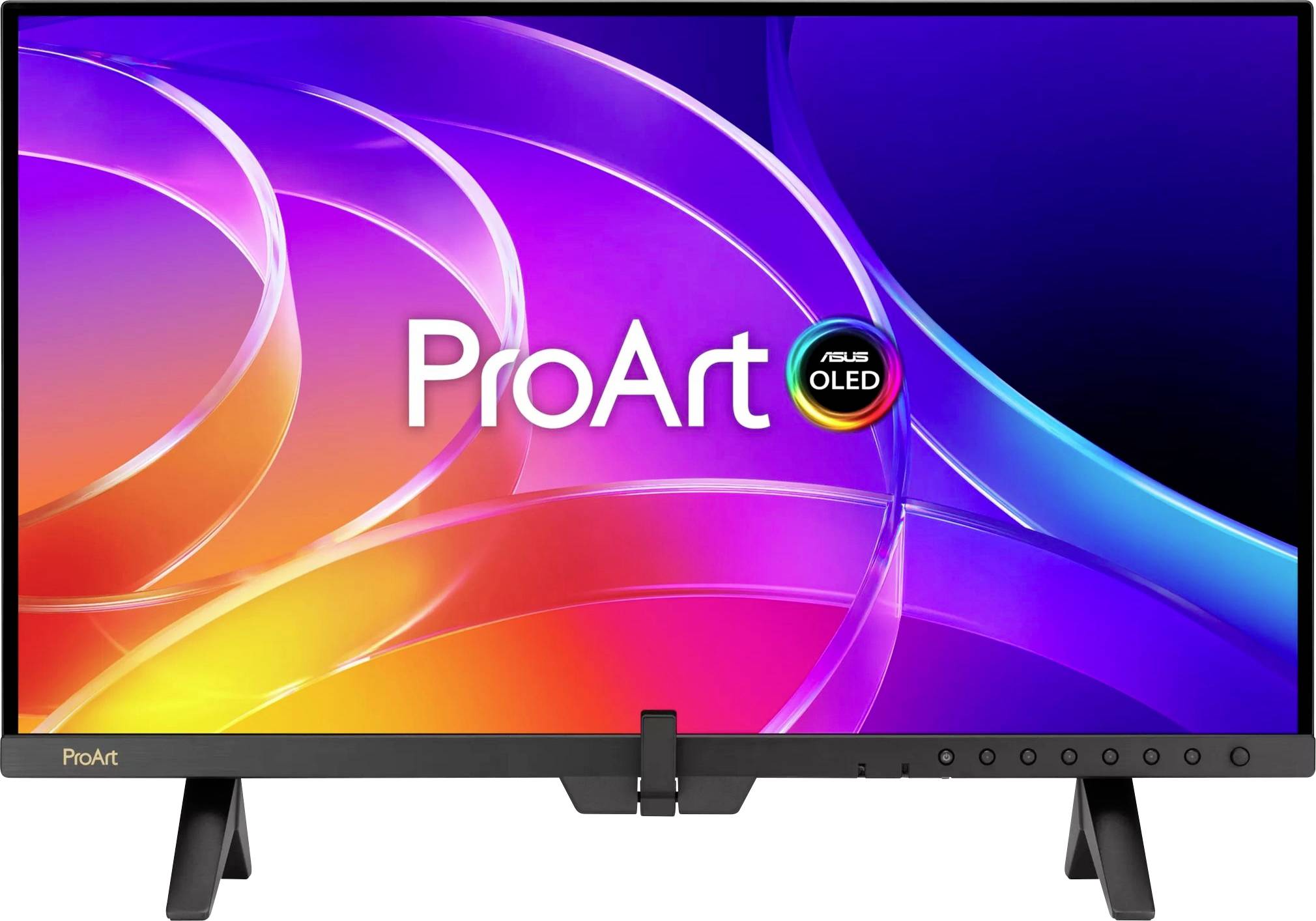 ASUS ProArt OLED-skærm med farverig abstrakt visning og 'ProArt'-logo centreret på skærmen.