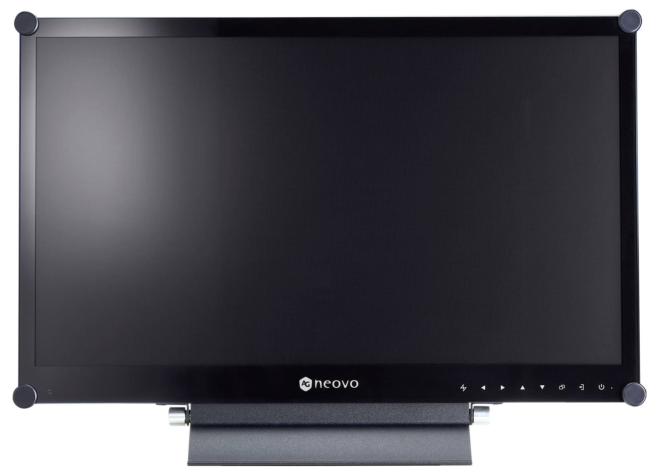 Sort Neovo-monitor med blank skærm, forside på hvid baggrund.