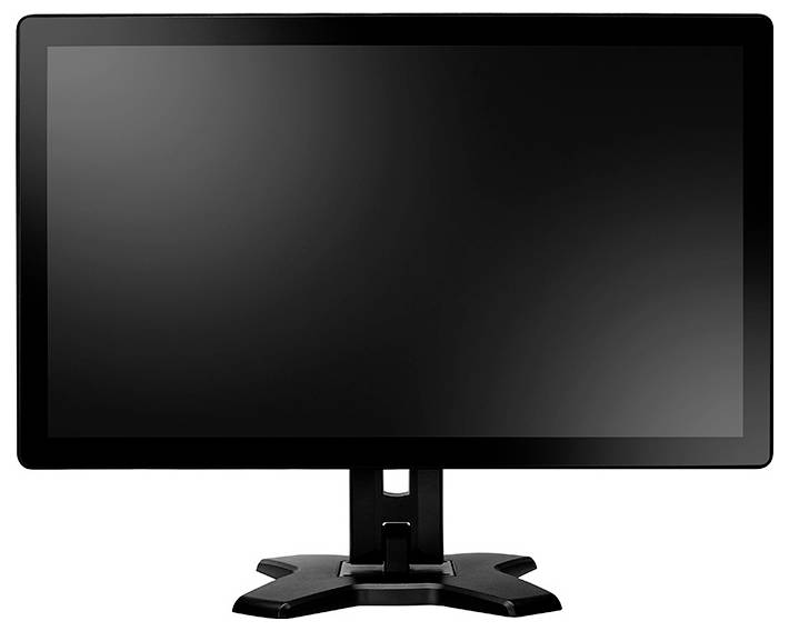 Sort fladskærms-computermonitor med stativ på hvid baggrund.