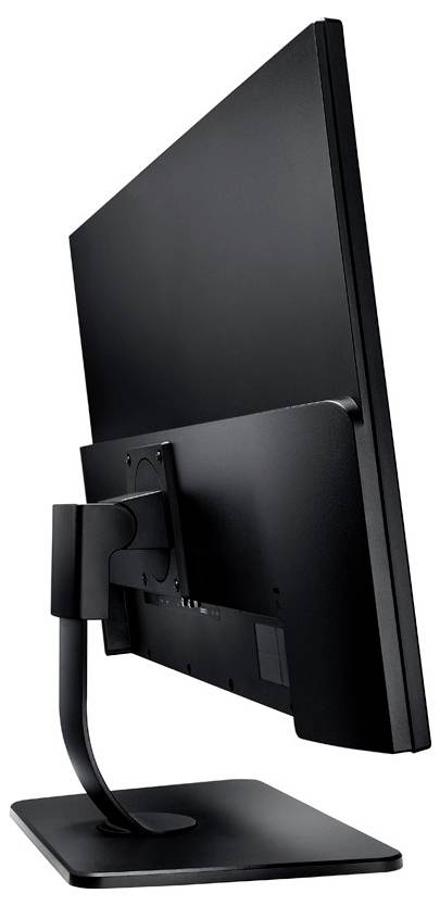 Sidevisning af en sort fladskærms-computermonitor på en buet stativ med en rektangulær base.