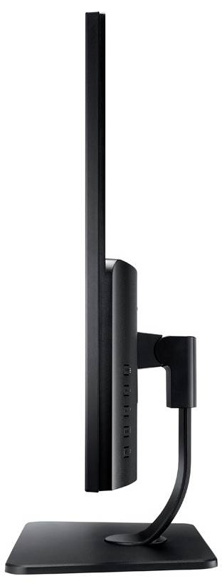 Sidevisning af en elegant sort fladskærmmonitor på et stativ med tilsluttet kabel, vist mod en hvid baggrund.