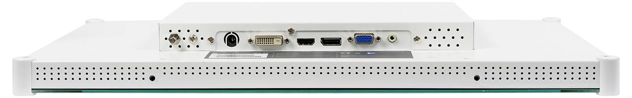 Bagside af en fladskærm eller monitor, der viser indgangporte, herunder DVI, HDMI, VGA, USB og lydtilslutninger.