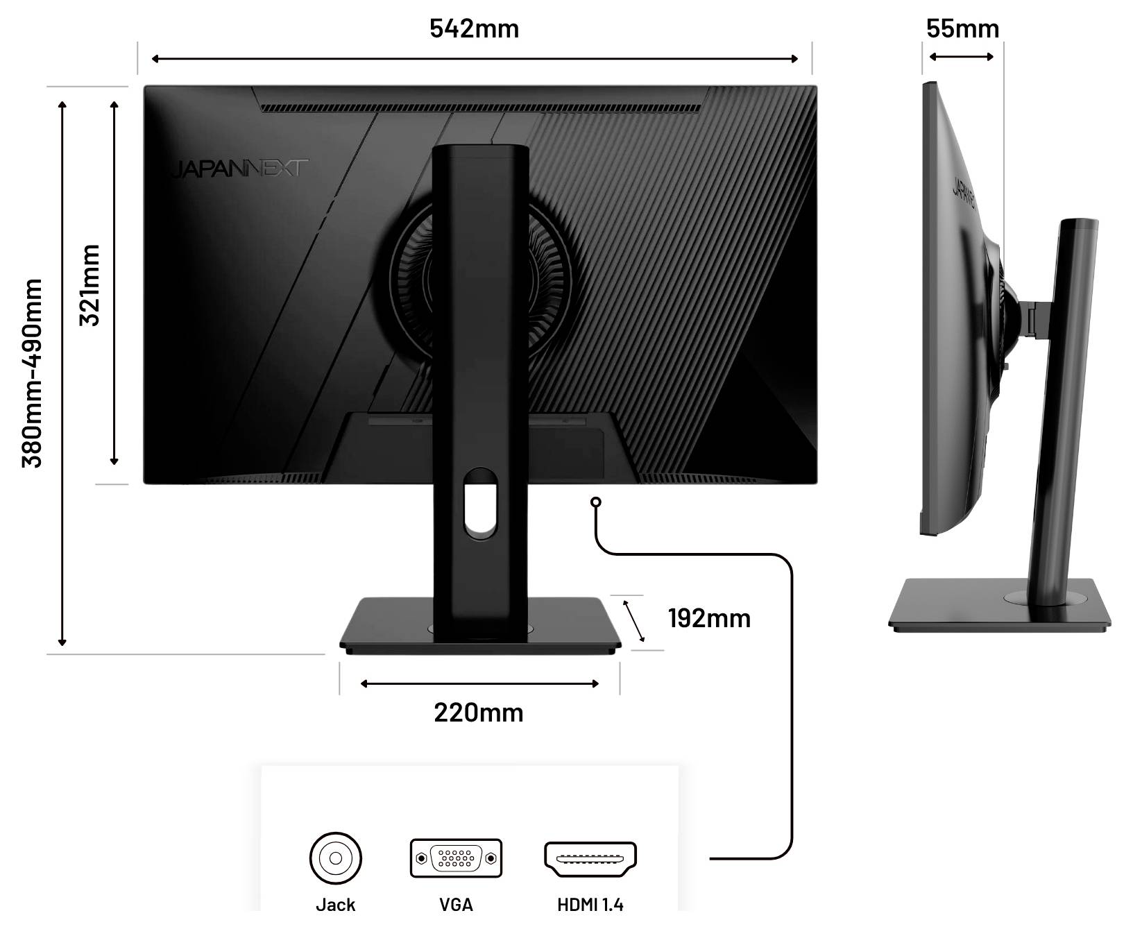 Monitordimensionsdiagram, der viser en 24-tommers skærm med justerbar højde fra 380 til 490 mm, bredde 542 mm, dybde 55 mm, stativ 220 mm bredt og jack-, VGA- og HDMI 1.4-porte.