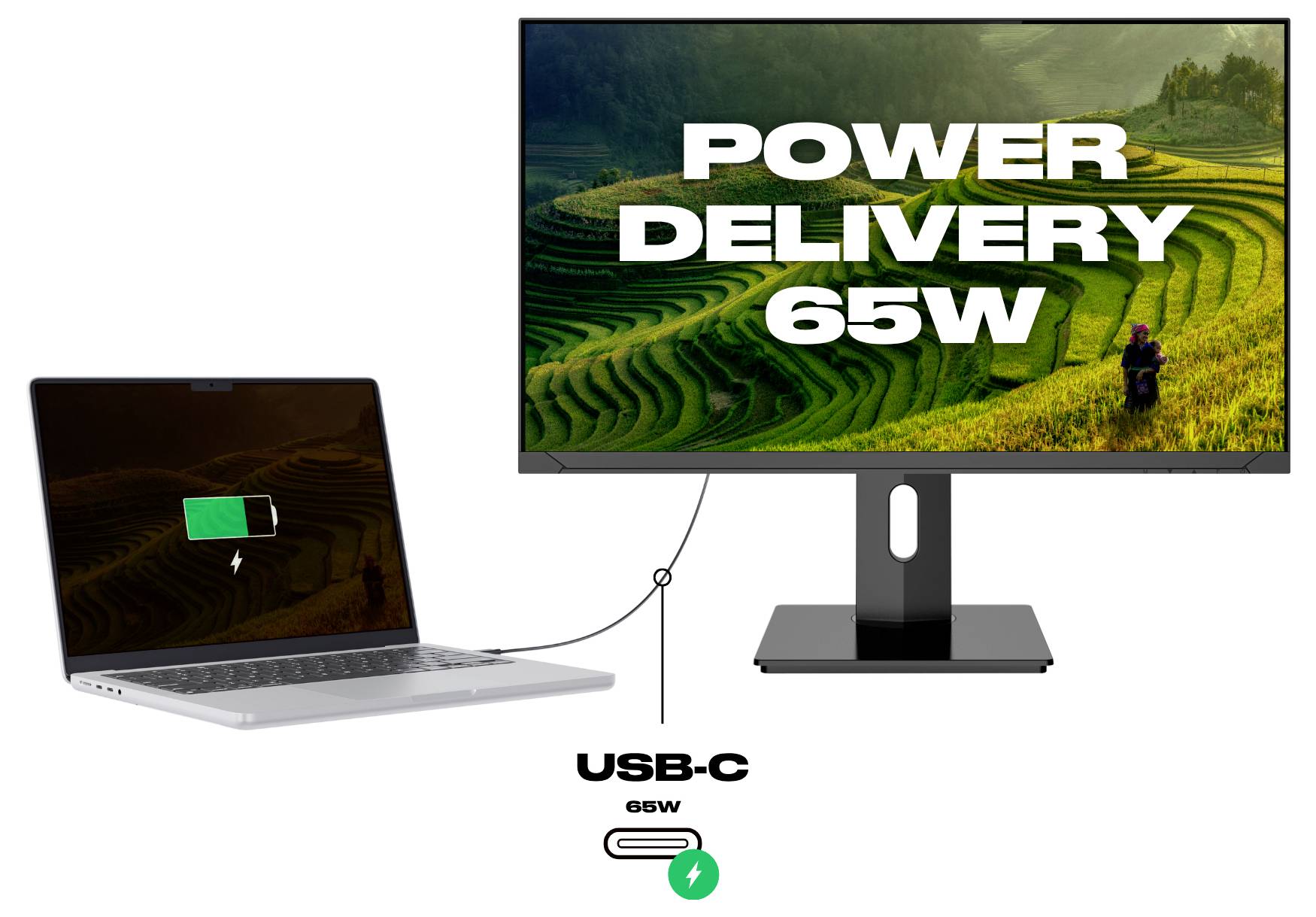 Bærbar computer forbundet via USB-C til en monitor mærket 'POWER DELIVERY 65W', hvilket viser, at displayet kan oplade den bærbare computer gennem ét kabel.