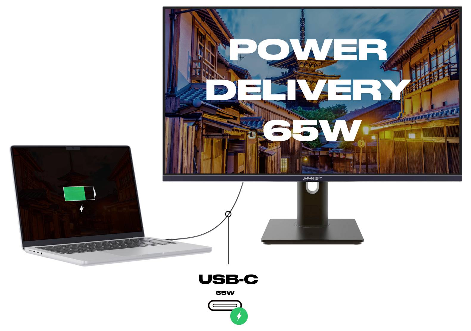 Bærbar computer forbundet til monitor via USB-C, med tekst på skærmen "POWER DELIVERY 65W", som indikerer 65-watts opladning.