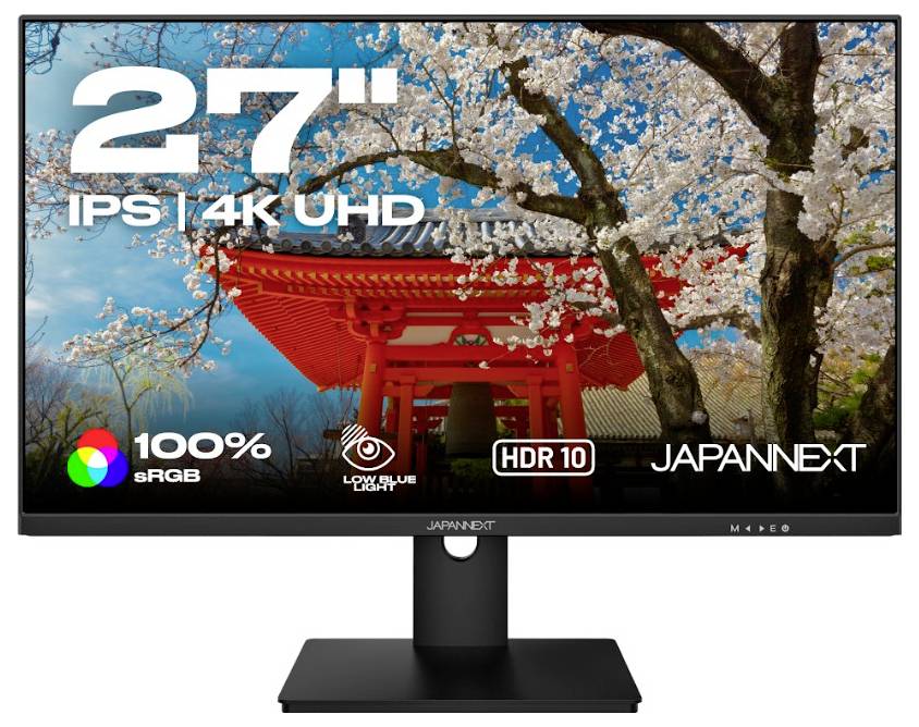 En 27-tommers JapanNext-monitor, der viser en levende kirsebærblomst-tempelscene, med specifikationer på skærmen: IPS, 4K UHD, 100% sRGB, Low Blue Light, HDR10.