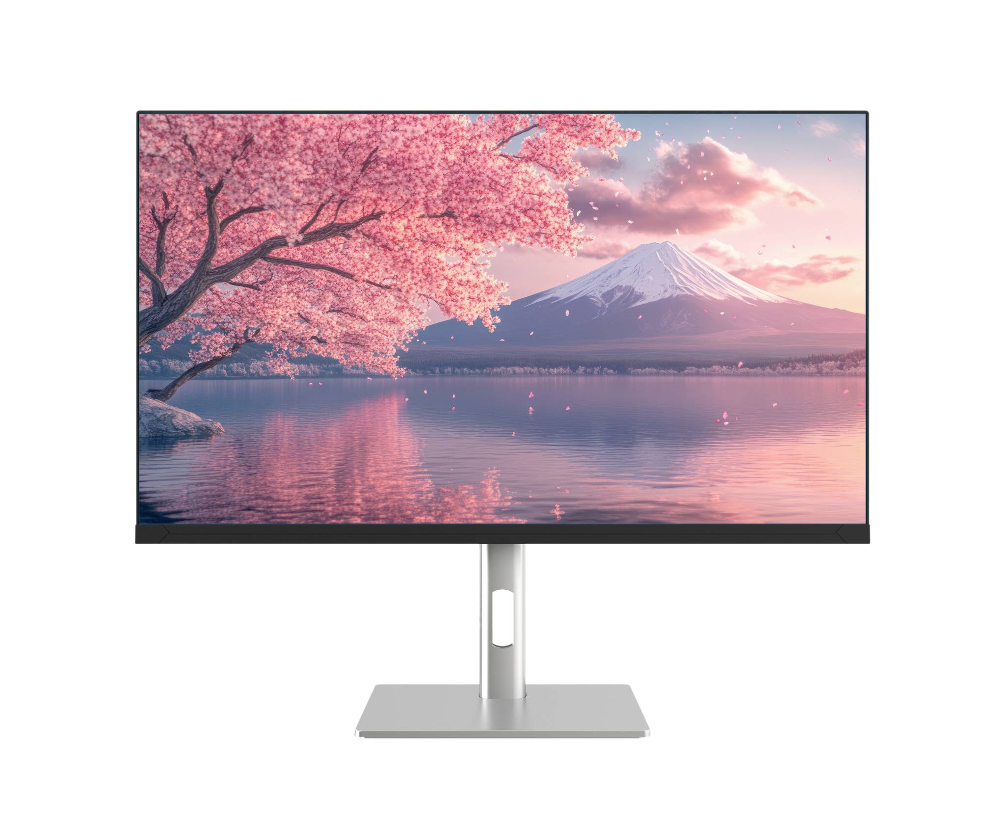 Fladskærmsmonitor, der viser et roligt rosa kirsebløstserlandskab med Fuji-bjerget reflekteret i stille vand ved solnedgang.