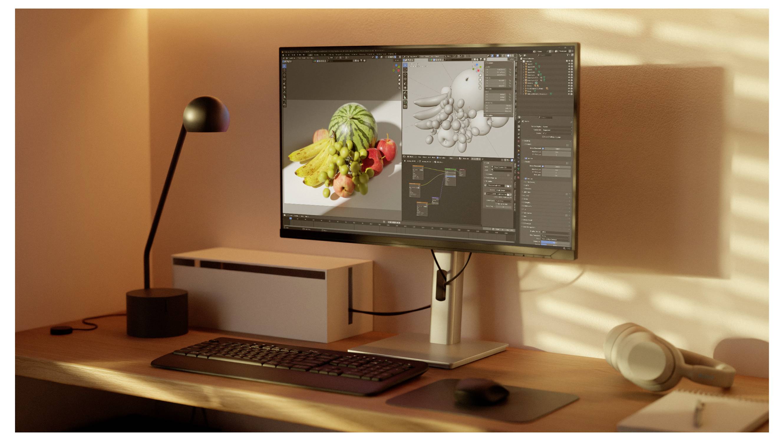 Stationær arbejdsstation med bredskærmsmonitor, der viser et 3D-renderingsprogram med frugtmodeller og grænsefladepaneler på et pænt træbord.