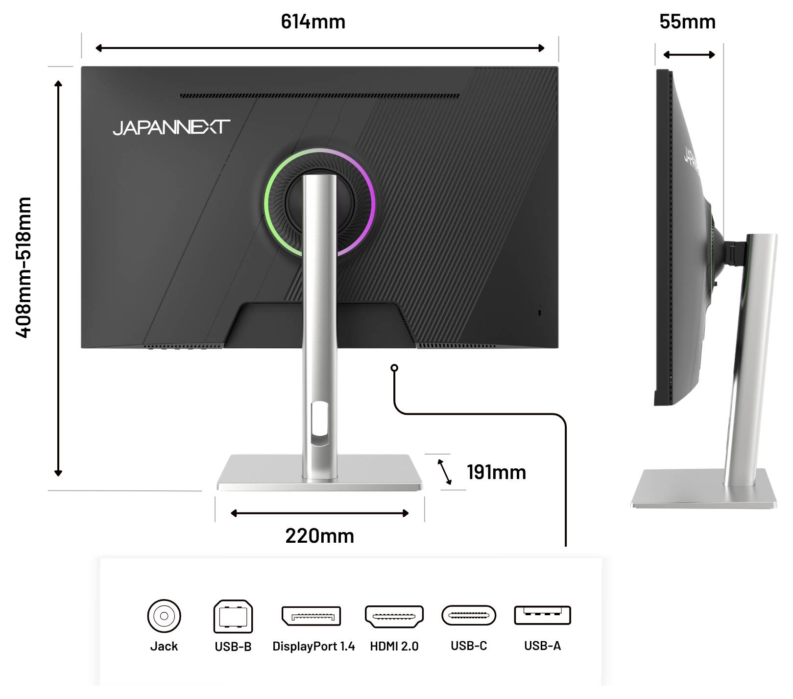 JAPANNEXT monitor dimensioner diagram med for- og sidevisning: 614 mm bred, 408-518 mm høj, 55 mm dyb, 220 mm stativ base, 191 mm højde; porte inkluderer jack, USB-B, DisplayPort 1.4, HDMI 2.0, USB-C, USB-A.