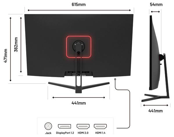 Bagside og sidevisning af en monitor med stativ, der viser dimensioner på 615 mm bredt, 471 mm højt, 54 mm dybt og 441 mm stativbredde; porte omfatter jack, DisplayPort 1.2, HDMI 2.0 og HDMI 1.4.