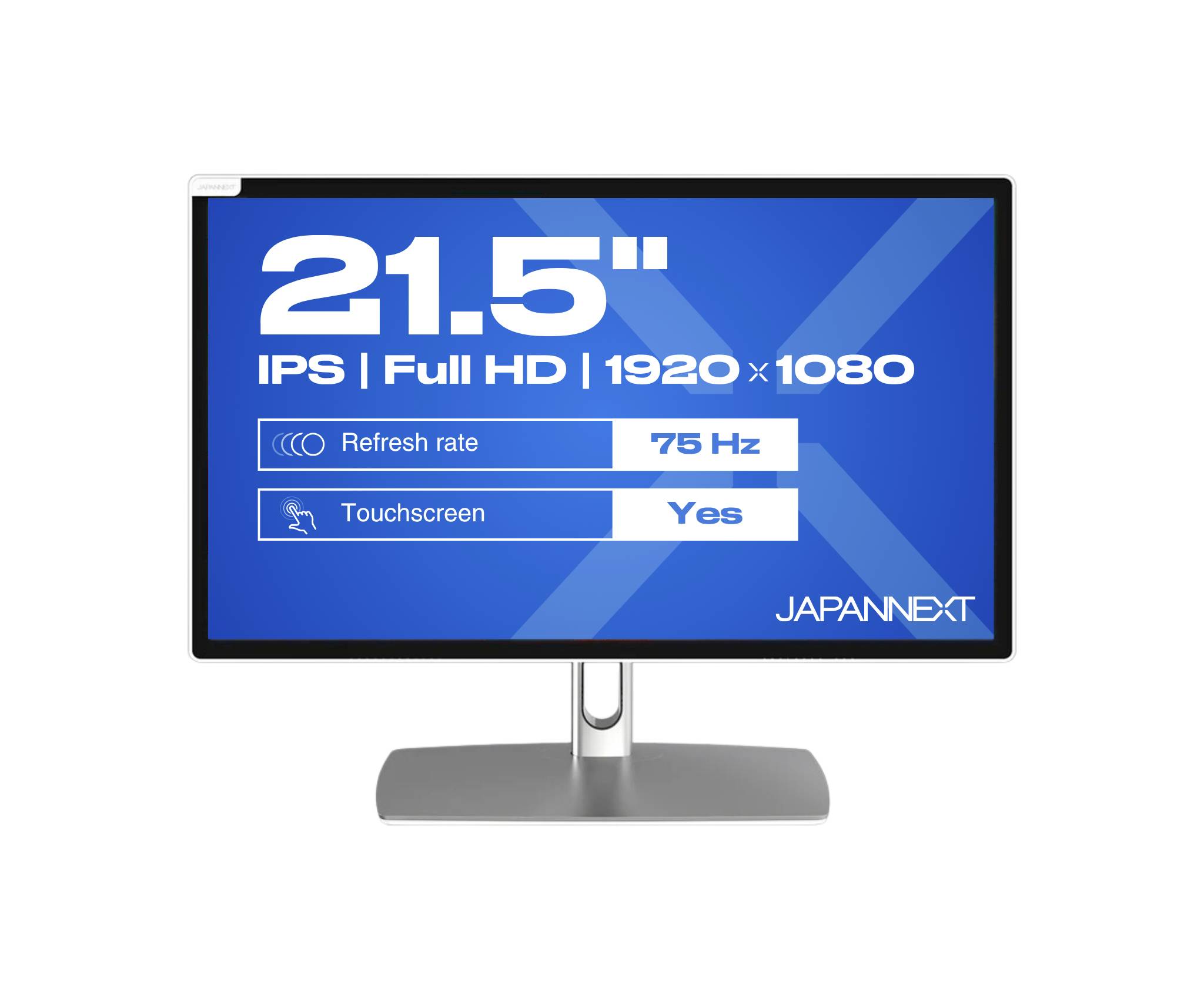 Produktbillede af en 21,5-tommer JAPANNEXT-skærm mærket IPS, Full HD 1920 x 1080, 75 Hz opdateringshastighed og touchscreen ja.
