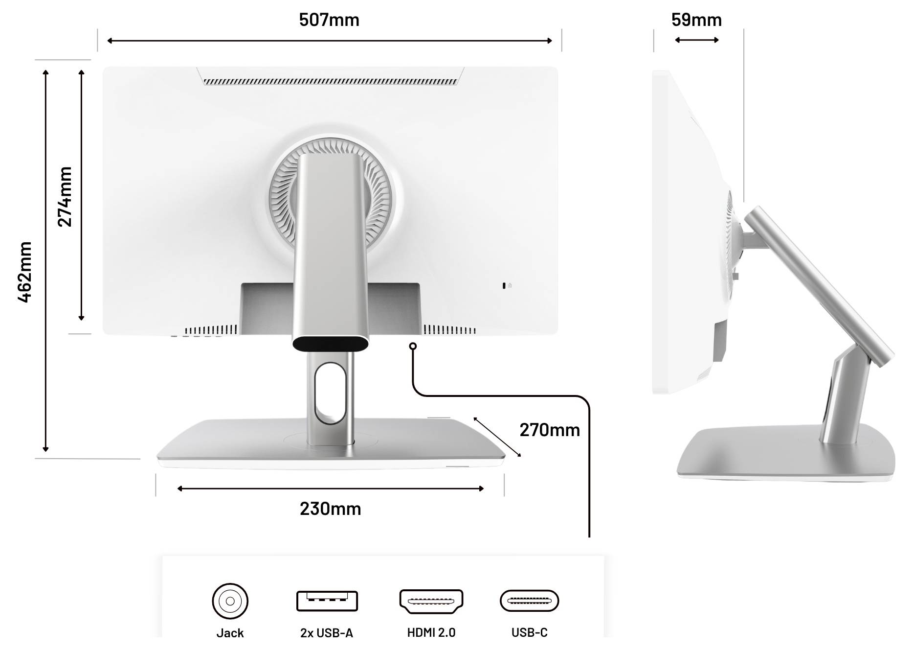 Dimensioneret bagutsigt og sideview af et monitorstativ, der viser skærmstørrelse og basismålinger, med mærkede porte: Jack, 2x USB-A, HDMI 2.0 og USB-C.