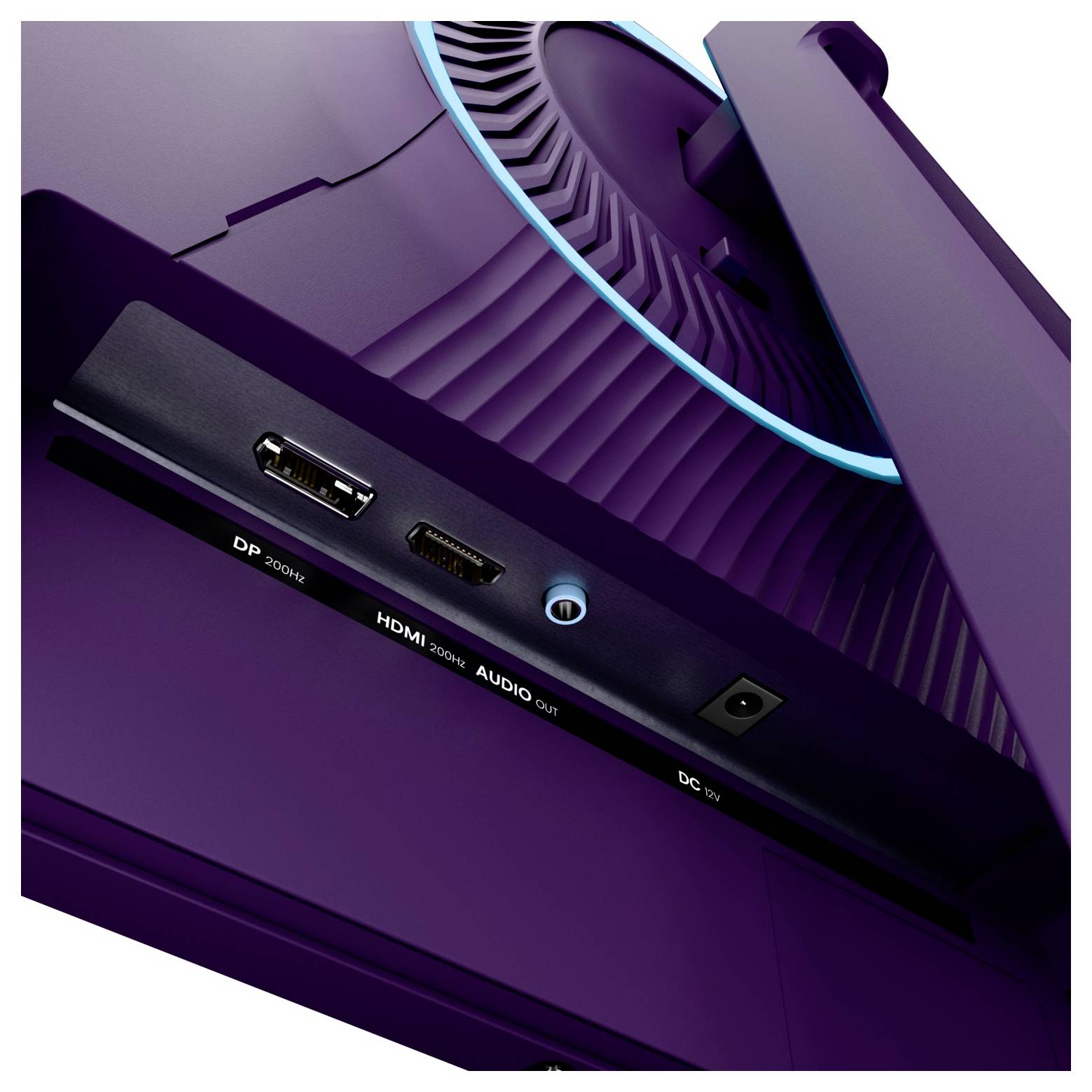Detaljeret visning af en purple monitors bageste porte og kontrolelementer, der viser DisplayPort, HDMI, audioindgang, strømknap og DC-indgang med en lysende blå ring.