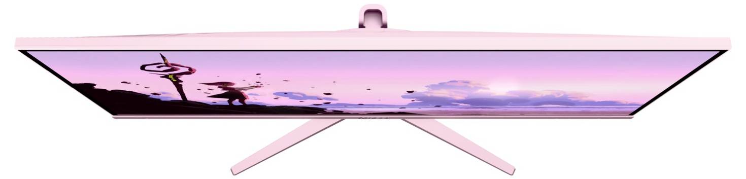 Pink fladskærm-tv vist i sidevisning på et stativ, der viser et solnedgangslandskab med silhuetter af palmer og fugle.