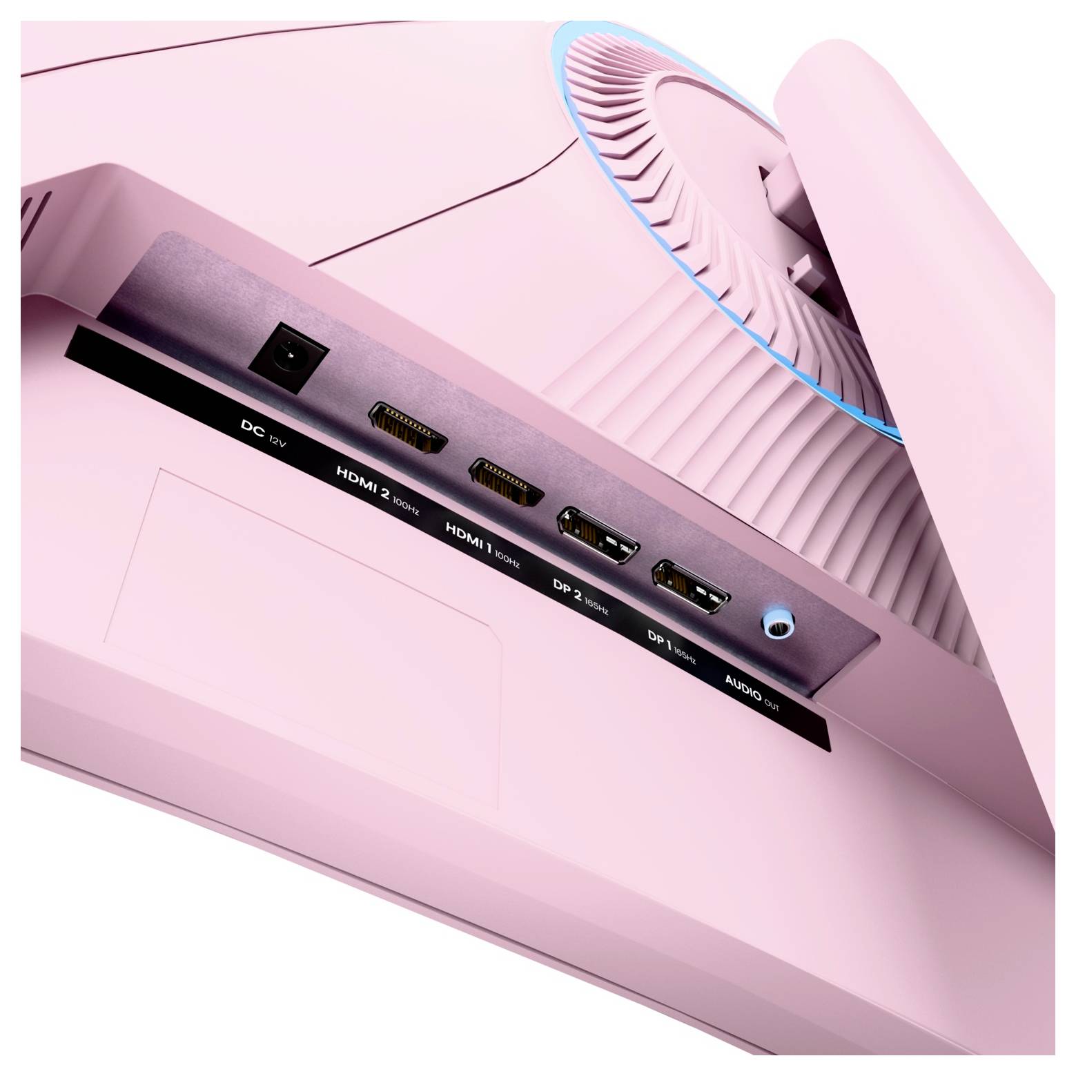 Pink skrivebordsskærm bagtilview viser strøm, HDMI 2.0, HDMI 1.4, DisplayPort og audioporte, med en bageste køleventilationsåbning.