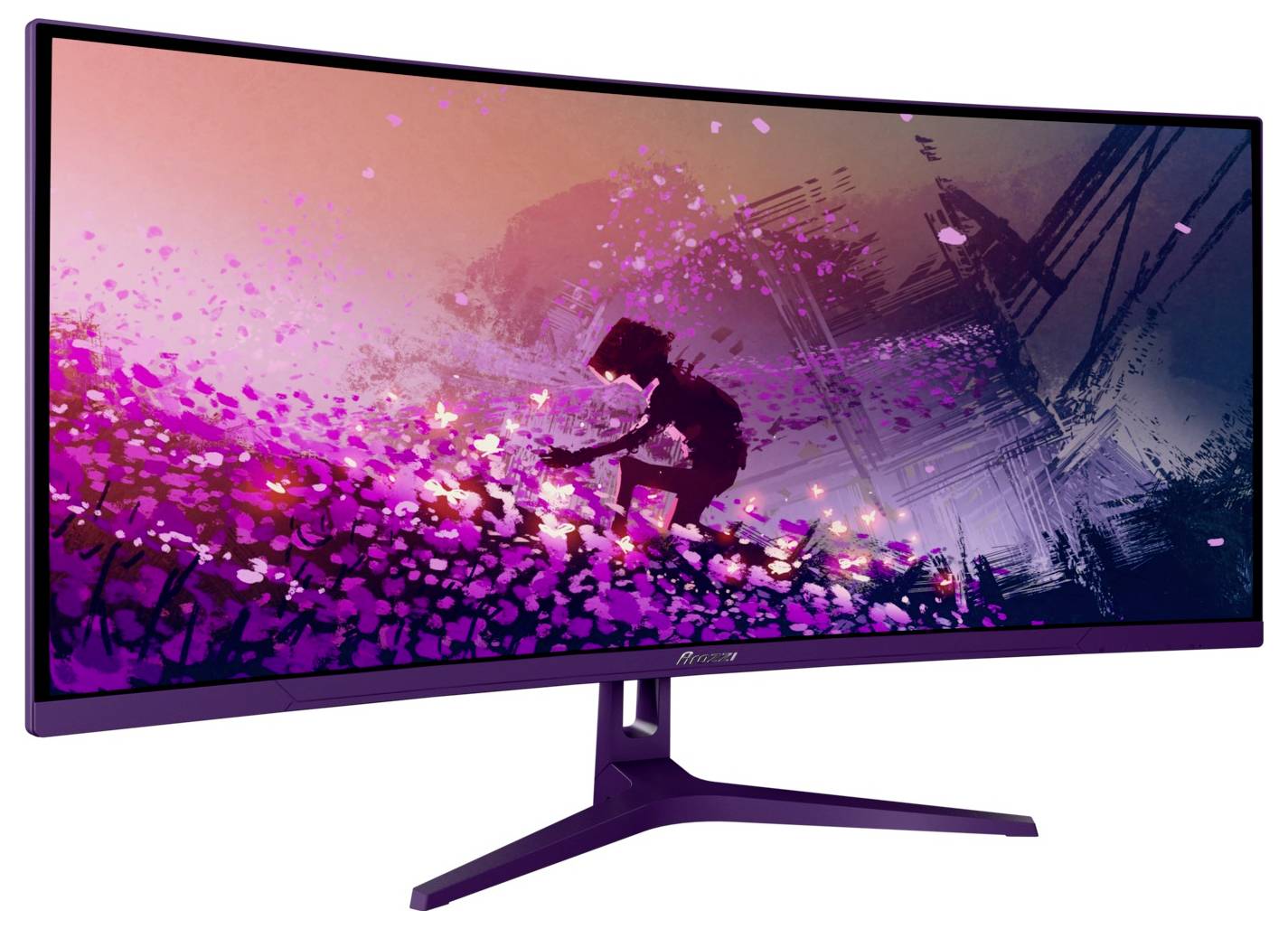 Buet lilla gamingskærm, der viser en levende actionscene med en silhueteret figur omgivet af pink-lilla partikler og byens stillads.