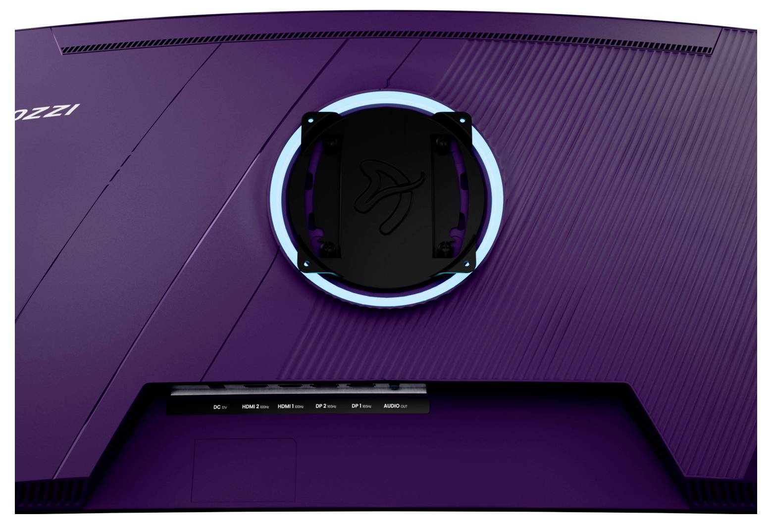 Nærbillede af en lilla gamingmonitors bagside med en centralt placeret cirkulær RGB-oplyst køleventilator og ventileret panel.