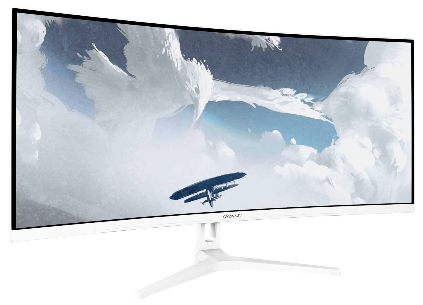 Buet hvid monitor, der viser et fly, der flyver gennem skyer på en blå himmelsbaggrund.