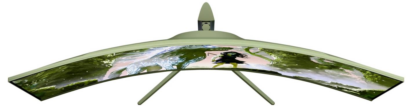 Buet udendørs displayskærm monteret på et stativ af tripod-type, som viser en naturscene på tværs af dens bredt panoramisk overflade.
