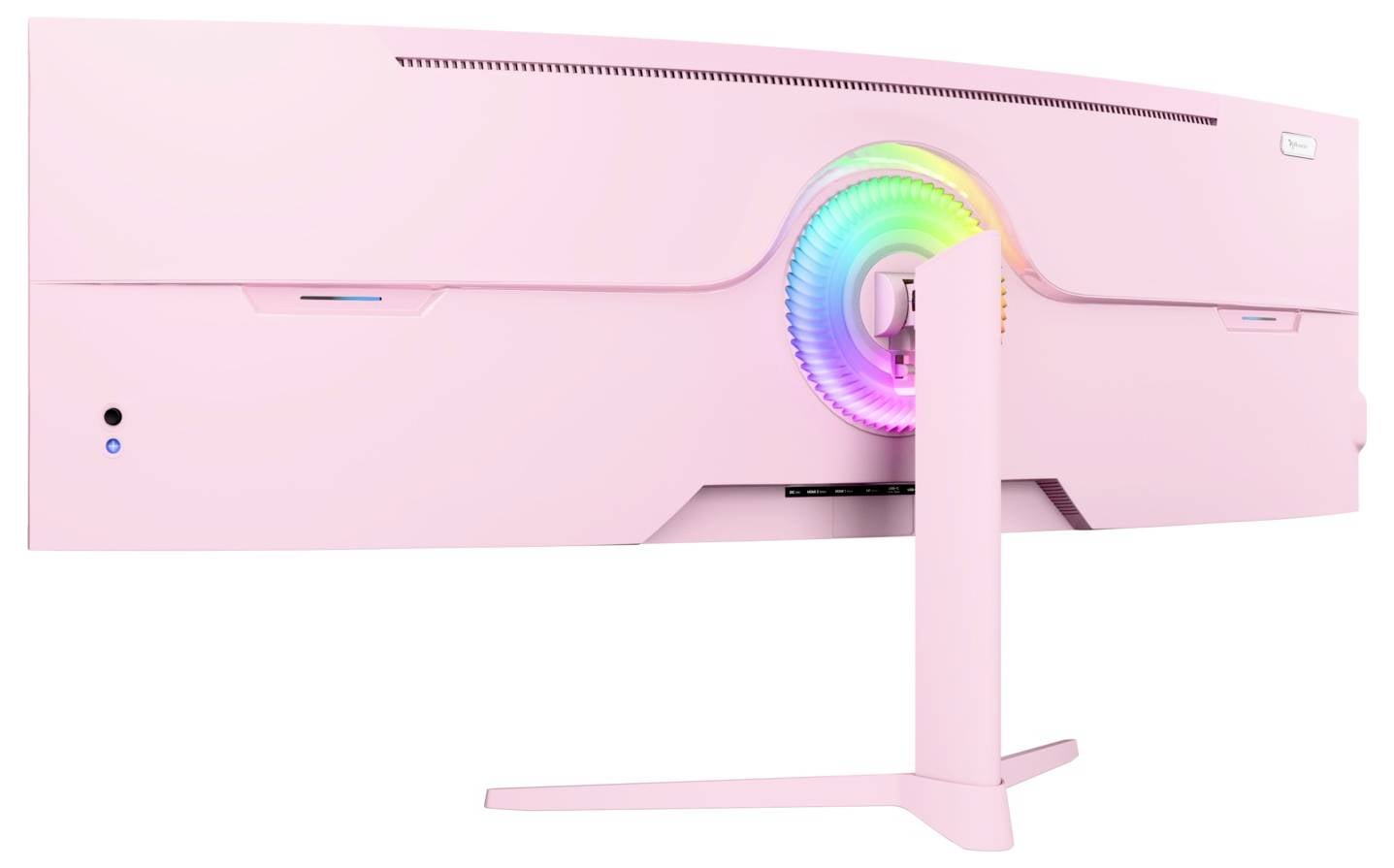 Pink buet-ryg monitor med regnbuelyst bageste ring og rosa stander, vist fra bag og fra siden.